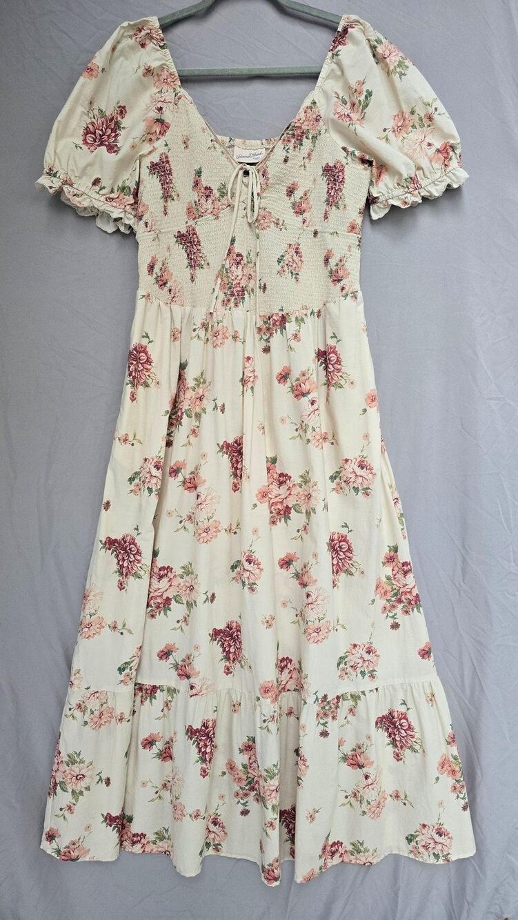 Universal Thread Dress Womens Large White Floral Smocked Puff Sleeve Milkmaid